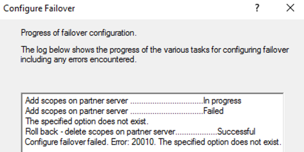 DHCP failover failed error 20010