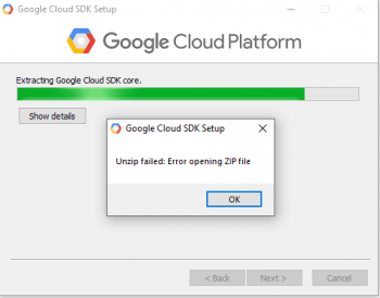 Google Cloud SDK Installation: Unzip Failed: Error opening zip file