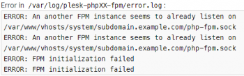 Plesk error FPM initialization failed