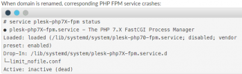 The plesk-php7x-fpm service crashes during the reload after domain name change
