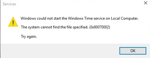 Windows Time Service Not Running error 0x80070002