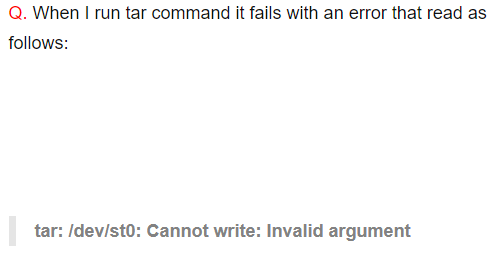 tar dev st0 cannot write invalid argument - How to resolve this error