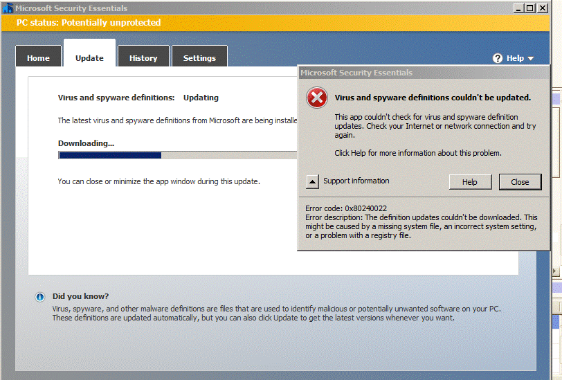 Microsoft Security Essentials Update issues