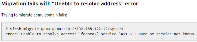 Libvirt error Unable to resolve address name or service not known