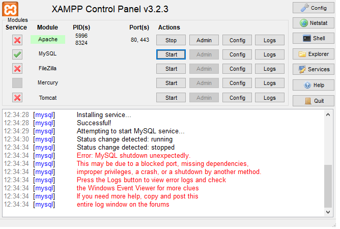 Xampp MySQL shutdown unexpectedly error