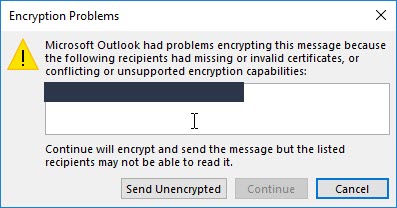 Microsoft Outlook conflicting or unsupported encryption capabilities