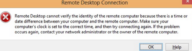 Remote desktop cannot verify the identity time or date difference between computer and remote computer