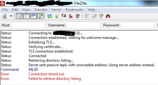 Server sent passive reply with unroutable address