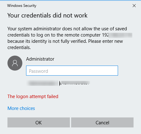 saved credentials to log on to the remote computer CompName because its identity is not fully verified
